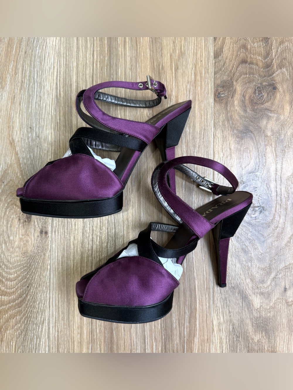 Prada Milano Satin & Leather Platform Sandals Purple Black Size 38 Made in Italy - Picture 6 of 9